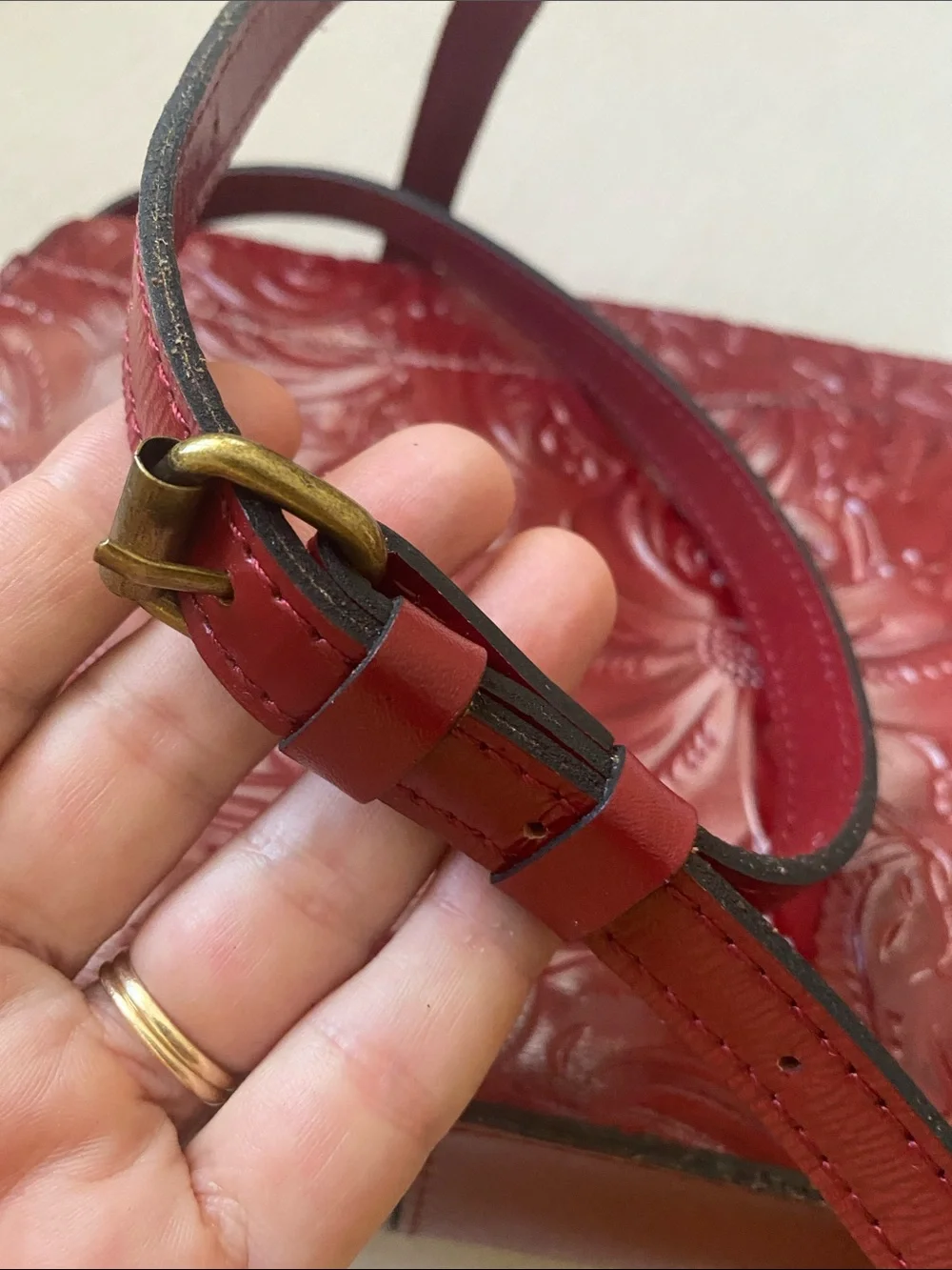 Patricia Nash Vallata Tooled Leather Crossbody Bag Ruby Red Floral 10x8x4